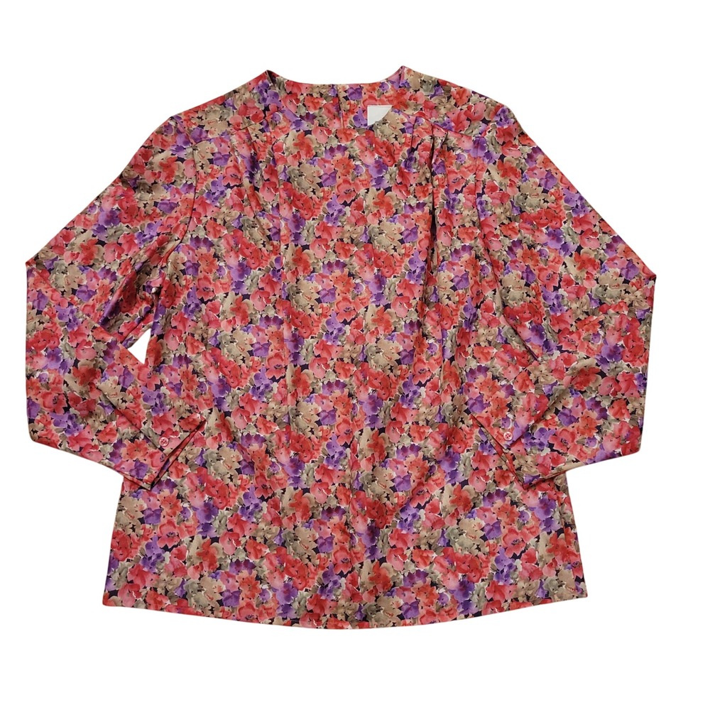 Nikki 14 Blouse Multicolor Floral Pleated Neck‎ Vintage 80s Cottage Granny